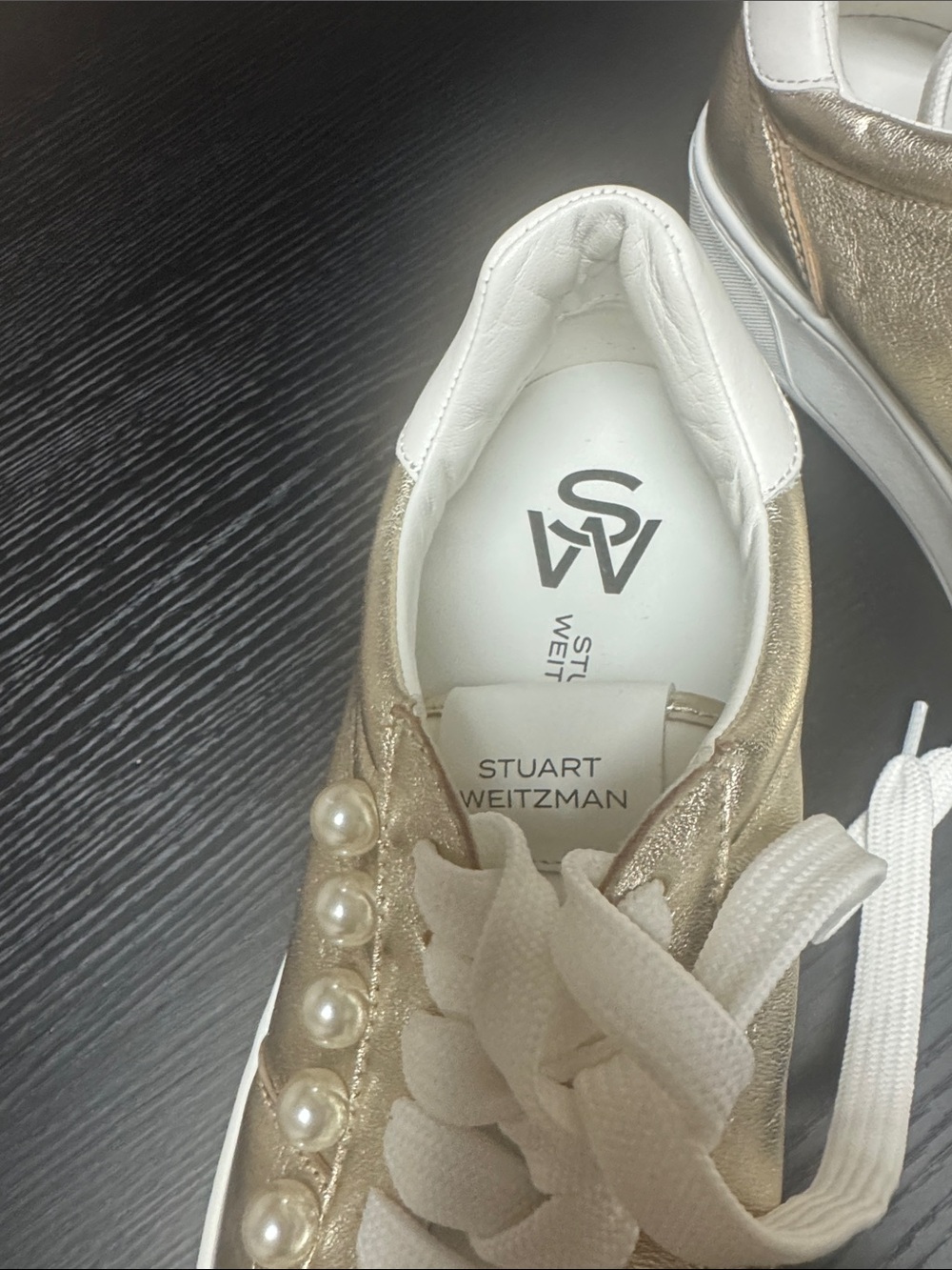 Stuart Weitzman Metallic Gold Sneakers with Pearl Eyelets - Picture 2 of 5